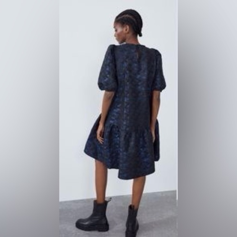ZARA XS Voluminous Jacquard Metallic Blue Black Camo Swing Dress - Picture 3 of 11